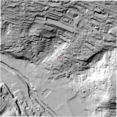 Shaded relief map of the ground around DE43NF, computed from Environment Agency LiDAR. The ground here sits at about 105 m above sea level and falls 96 m across the surrounding 800 m. Surface water reaching this point runs off ground lying to the north-north-east, 71.7 m higher.