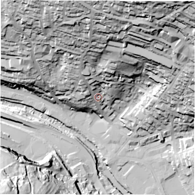 Shaded relief map of the ground around DE43NL, computed from Environment Agency LiDAR. The ground here sits at about 104 m above sea level and falls 92 m across the surrounding 800 m. Surface water reaching this point runs off ground lying to the north-north-east, 70.9 m higher.