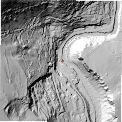 Shaded relief map of the ground around DE43NR, computed from Environment Agency LiDAR. The ground here sits at about 88 m above sea level and falls 206 m across the surrounding 800 m. Surface water reaching this point runs off ground lying to the west-south-west, 159.6 m higher.