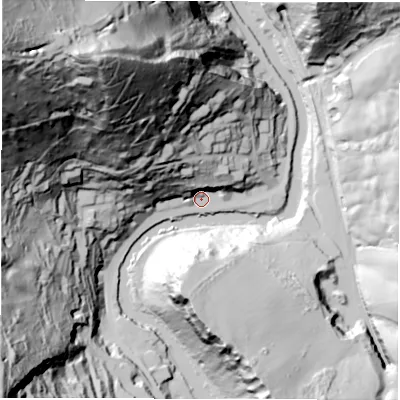 Shaded relief map of the ground around DE43NS, computed from Environment Agency LiDAR. The ground here sits at about 87 m above sea level and falls 188 m across the surrounding 800 m. Surface water reaching this point runs off ground lying to the north-west, 155.4 m higher.