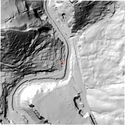Shaded relief map of the ground around DE43NT, computed from Environment Agency LiDAR. The ground here sits at about 89 m above sea level and falls 161 m across the surrounding 800 m. Surface water reaching this point runs off ground lying to the north-west, 98.5 m higher.