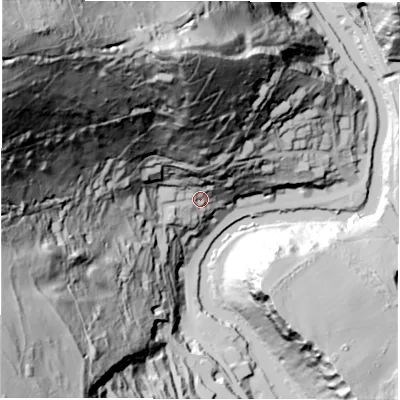 Shaded relief map of the ground around DE43PH, computed from Environment Agency LiDAR. The ground here sits at about 105 m above sea level and falls 229 m across the surrounding 800 m. Surface water reaching this point runs off ground lying to the north-west, 212.2 m higher.