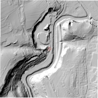 Shaded relief map of the ground around DE43PP, computed from Environment Agency LiDAR. The ground here sits at about 94 m above sea level and falls 120 m across the surrounding 800 m. Surface water reaching this point runs off ground lying to the west-south-west, 91.3 m higher.