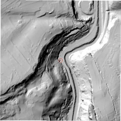 Shaded relief map of the ground around DE43PS, computed from Environment Agency LiDAR. The ground here sits at about 93 m above sea level and falls 164 m across the surrounding 800 m. Surface water reaching this point runs off ground lying to the south-west, 155.5 m higher.