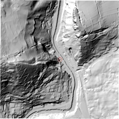 Shaded relief map of the ground around DE43PT, computed from Environment Agency LiDAR. The ground here sits at about 89 m above sea level and falls 164 m across the surrounding 800 m. Surface water reaching this point runs off ground lying to the west, 155.0 m higher.