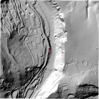 Shaded relief map of the ground around DE43PU, computed from Environment Agency LiDAR. The ground here sits at about 93 m above sea level and falls 125 m across the surrounding 800 m. Surface water reaching this point runs off ground lying to the north-north-west, 14.8 m higher.