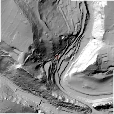 Shaded relief map of the ground around DE43PY, computed from Environment Agency LiDAR. The ground here sits at about 103 m above sea level and falls 147 m across the surrounding 800 m. Surface water reaching this point runs off ground lying to the north-west, 113.3 m higher.