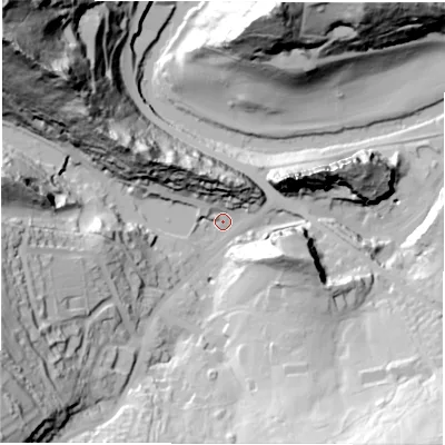 Shaded relief map of the ground around DE43QE, computed from Environment Agency LiDAR. The ground here sits at about 89 m above sea level and falls 104 m across the surrounding 800 m. Surface water reaching this point runs off ground lying to the south-west, 70.8 m higher.