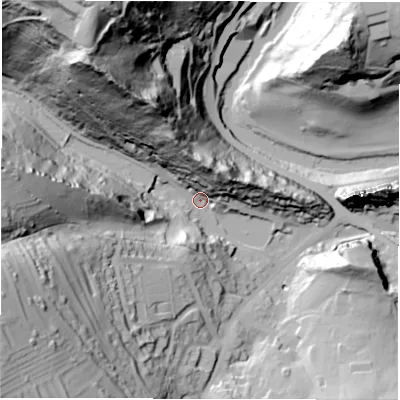 Shaded relief map of the ground around DE43QH, computed from Environment Agency LiDAR. The ground here sits at about 93 m above sea level and falls 112 m across the surrounding 800 m. Surface water reaching this point runs off ground lying to the north-north-west, 97.4 m higher.