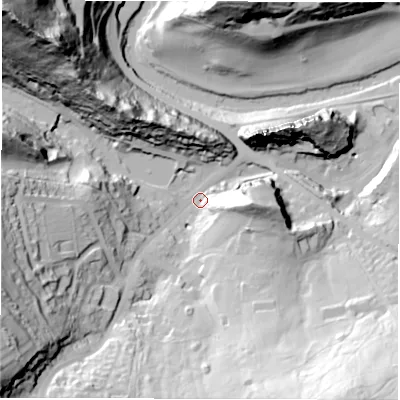 Shaded relief map of the ground around DE43RE, computed from Environment Agency LiDAR. The ground here sits at about 90 m above sea level and falls 100 m across the surrounding 800 m. Surface water reaching this point runs off ground lying to the south-east, 71.3 m higher.
