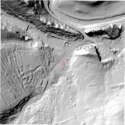 Shaded relief map of the ground around DE43RF, computed from Environment Agency LiDAR. The ground here sits at about 95 m above sea level and falls 92 m across the surrounding 800 m. Surface water reaching this point runs off ground lying to the south-west, 75.5 m higher.