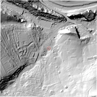 Shaded relief map of the ground around DE43RG, computed from Environment Agency LiDAR. The ground here sits at about 100 m above sea level and falls 119 m across the surrounding 800 m. Surface water reaching this point runs off ground lying to the south, 53.6 m higher.