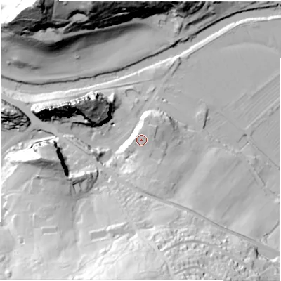 Shaded relief map of the ground around DE43RP, computed from Environment Agency LiDAR. The ground here sits at about 97 m above sea level and falls 71 m across the surrounding 800 m. Surface water reaching this point runs off ground lying to the east-north-east, 1.5 m higher.