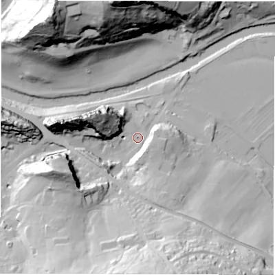 Shaded relief map of the ground around DE43RQ, computed from Environment Agency LiDAR. The ground here sits at about 83 m above sea level and falls 71 m across the surrounding 800 m. Surface water reaching this point runs off ground lying to the south-south-east, 56.1 m higher.