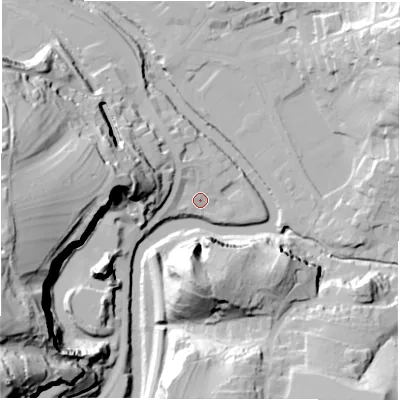 Shaded relief map of the ground around DE43RR, computed from Environment Agency LiDAR. The ground here sits at about 91 m above sea level and falls 69 m across the surrounding 800 m. Surface water reaching this point runs off ground lying to the north-north-west, 4.6 m higher.