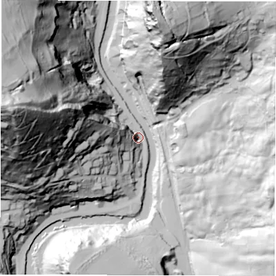 Shaded relief map of the ground around DE43RT, computed from Environment Agency LiDAR. The ground here sits at about 88 m above sea level and falls 161 m across the surrounding 800 m. Surface water reaching this point runs off ground lying to the west-north-west, 91.4 m higher.