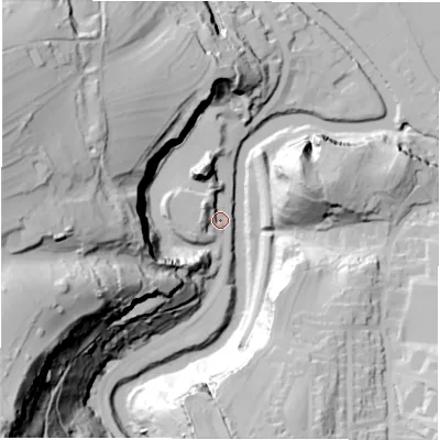 Shaded relief map of the ground around DE43SU, computed from Environment Agency LiDAR. The ground here sits at about 92 m above sea level and falls 114 m across the surrounding 800 m. Surface water reaching this point runs off ground lying to the west-south-west, 89.6 m higher.