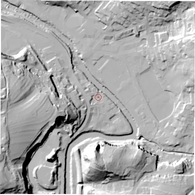 Shaded relief map of the ground around DE43SX, computed from Environment Agency LiDAR. The ground here sits at about 92 m above sea level and falls 68 m across the surrounding 800 m. Surface water reaching this point runs off ground lying to the west, 5.3 m higher.