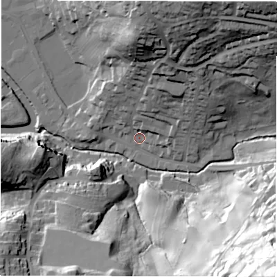 Shaded relief map of the ground around DE43SY, computed from Environment Agency LiDAR. The ground here sits at about 92 m above sea level and falls 96 m across the surrounding 800 m. Surface water reaching this point runs off ground lying to the south-east, 92.0 m higher.