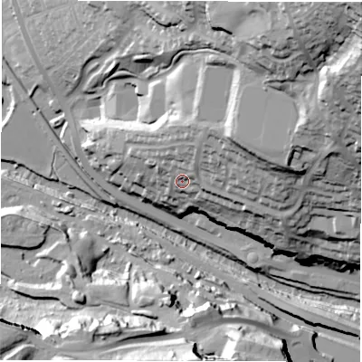Shaded relief map of the ground around DE43TB, computed from Environment Agency LiDAR. The ground here sits at about 110 m above sea level and falls 80 m across the surrounding 800 m. Surface water reaching this point runs off ground lying to the north-north-east, 12.6 m higher.