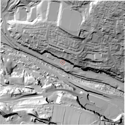 Shaded relief map of the ground around DE43TJ, computed from Environment Agency LiDAR. The ground here sits at about 94 m above sea level and falls 77 m across the surrounding 800 m. Surface water reaching this point runs off ground lying to the north-north-east, 38.8 m higher.