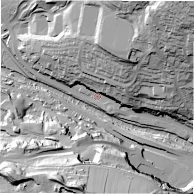 Shaded relief map of the ground around DE43TL, computed from Environment Agency LiDAR. The ground here sits at about 94 m above sea level and falls 76 m across the surrounding 800 m. Surface water reaching this point runs off ground lying to the north-east, 39.5 m higher.