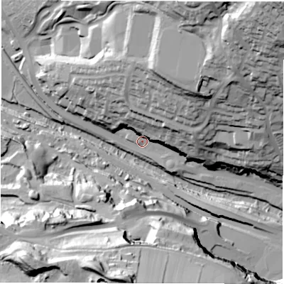 Shaded relief map of the ground around DE43TP, computed from Environment Agency LiDAR. The ground here sits at about 94 m above sea level and falls 77 m across the surrounding 800 m. Surface water reaching this point runs off ground lying to the north-east, 40.0 m higher.