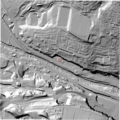 Shaded relief map of the ground around DE43TW, computed from Environment Agency LiDAR. The ground here sits at about 94 m above sea level and falls 76 m across the surrounding 800 m. Surface water reaching this point runs off ground lying to the north-east, 41.1 m higher.