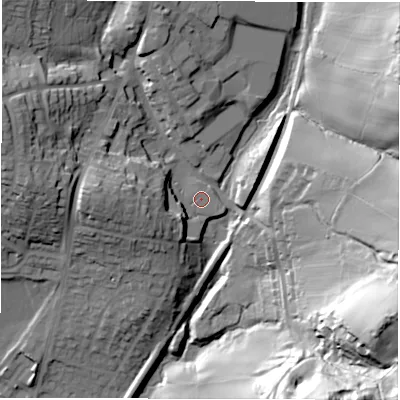 Shaded relief map of the ground around DE44AA, computed from Environment Agency LiDAR. The ground here sits at about 135 m above sea level and falls 60 m across the surrounding 800 m. Surface water reaching this point runs off ground lying to the south-west, 5.3 m higher.