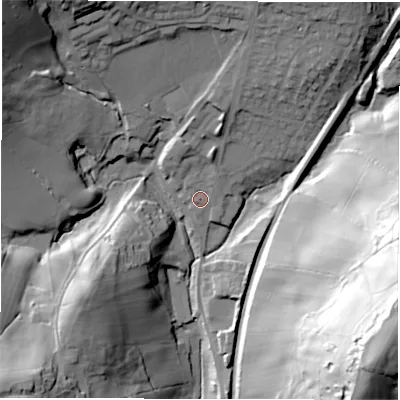 Shaded relief map of the ground around DE44BG, computed from Environment Agency LiDAR. The ground here sits at about 128 m above sea level and falls 76 m across the surrounding 800 m. Surface water reaching this point runs off ground lying to the north-north-east, 5.5 m higher.