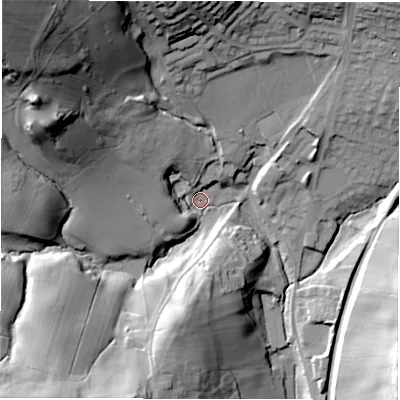 Shaded relief map of the ground around DE44BL, computed from Environment Agency LiDAR. The ground here sits at about 125 m above sea level and falls 61 m across the surrounding 800 m. Surface water reaching this point runs off ground lying to the north-west, 52.5 m higher.