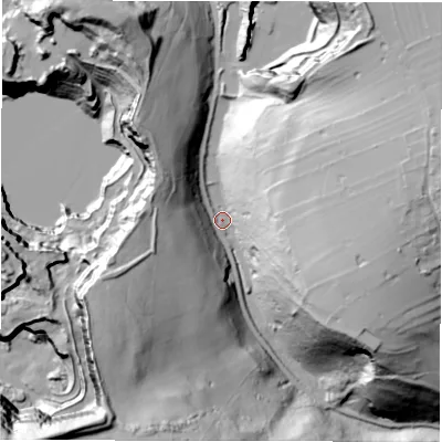 Shaded relief map of the ground around DE44BW, computed from Environment Agency LiDAR. The ground here sits at about 227 m above sea level and falls 99 m across the surrounding 800 m. Surface water reaching this point runs off ground lying to the north-east, 67.6 m higher.