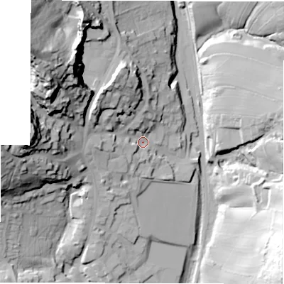 Shaded relief map of the ground around DE44FB, computed from Environment Agency LiDAR. The ground here sits at about 149 m above sea level and falls 73 m across the surrounding 800 m. Surface water reaching this point runs off ground lying to the north-west, 31.9 m higher.