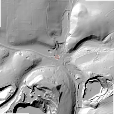 Shaded relief map of the ground around DE44HU, computed from Environment Agency LiDAR. The ground here sits at about 237 m above sea level and falls 67 m across the surrounding 800 m. Surface water reaching this point runs off ground lying to the north-west, 34.2 m higher.