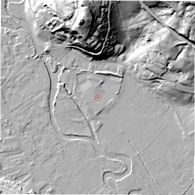 Shaded relief map of the ground around DE451AH, computed from Environment Agency LiDAR. The ground here sits at about 120 m above sea level and falls 53 m across the surrounding 800 m. Surface water reaching this point runs off ground lying to the south-west, 1.5 m higher.