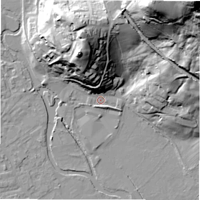 Shaded relief map of the ground around DE451AQ, computed from Environment Agency LiDAR. The ground here sits at about 120 m above sea level and falls 85 m across the surrounding 800 m. Surface water reaching this point runs off ground lying to the north-north-west, 40.1 m higher.