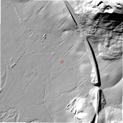 Shaded relief map of the ground around DE451AR, computed from Environment Agency LiDAR. The ground here sits at about 118 m above sea level and falls 134 m across the surrounding 800 m. Surface water reaching this point runs off ground lying to the east-south-east, 0.8 m higher.