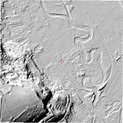 Shaded relief map of the ground around DE451AW, computed from Environment Agency LiDAR. The ground here sits at about 118 m above sea level and falls 58 m across the surrounding 800 m. Surface water reaching this point runs off ground lying to the north-west, 5.5 m higher.