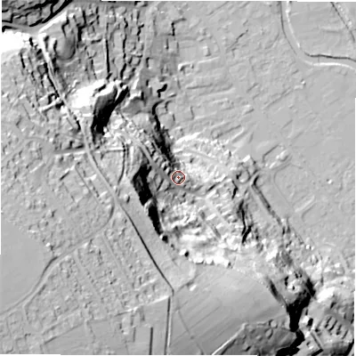 Shaded relief map of the ground around DE451AX, computed from Environment Agency LiDAR. The ground here sits at about 138 m above sea level and falls 69 m across the surrounding 800 m. Surface water reaching this point runs off ground lying to the west-south-west, 48.3 m higher.
