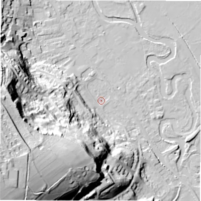 Shaded relief map of the ground around DE451BA, computed from Environment Agency LiDAR. The ground here sits at about 119 m above sea level and falls 62 m across the surrounding 800 m. Surface water reaching this point runs off ground lying to the south-west, 53.9 m higher.