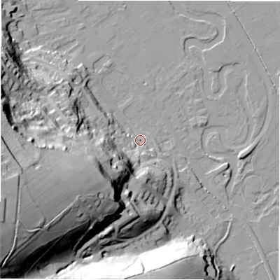 Shaded relief map of the ground around DE451BB, computed from Environment Agency LiDAR. The ground here sits at about 120 m above sea level and falls 60 m across the surrounding 800 m. Surface water reaching this point runs off ground lying to the south-west, 46.3 m higher.