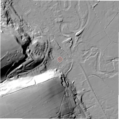 Shaded relief map of the ground around DE451BE, computed from Environment Agency LiDAR. The ground here sits at about 118 m above sea level and falls 59 m across the surrounding 800 m. Surface water reaching this point runs off ground lying to the west, 48.7 m higher.