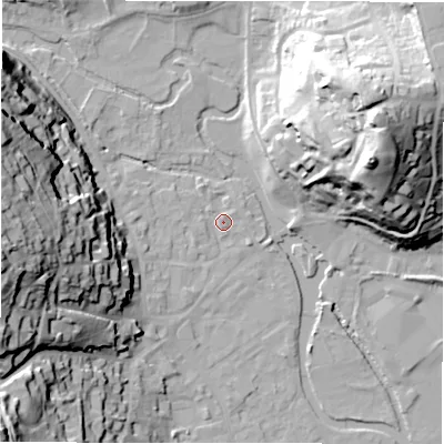 Shaded relief map of the ground around DE451BF, computed from Environment Agency LiDAR. The ground here sits at about 122 m above sea level and falls 44 m across the surrounding 800 m. Surface water reaching this point runs off ground lying to the west, 41.3 m higher.