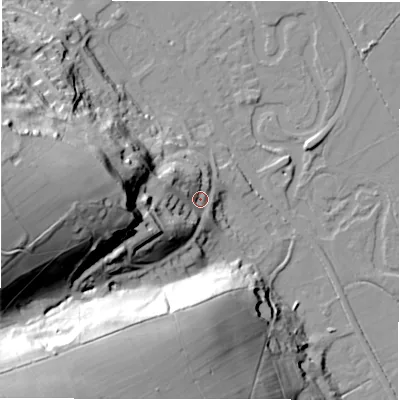 Shaded relief map of the ground around DE451BG, computed from Environment Agency LiDAR. The ground here sits at about 125 m above sea level and falls 58 m across the surrounding 800 m. Surface water reaching this point runs off ground lying to the west, 48.8 m higher.