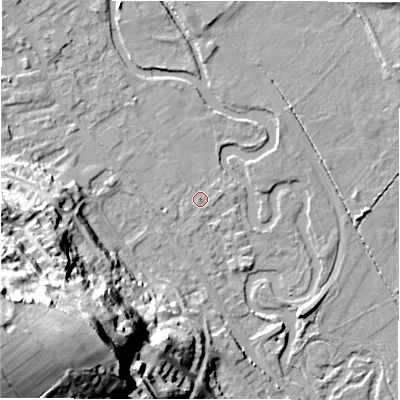 Shaded relief map of the ground around DE451BH, computed from Environment Agency LiDAR. The ground here sits at about 119 m above sea level and falls 55 m across the surrounding 800 m. Surface water reaching this point runs off ground lying to the north-north-west, 1.7 m higher.