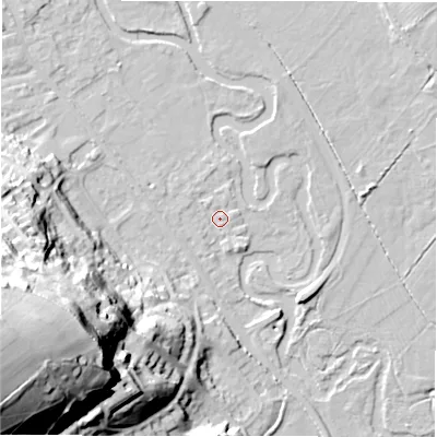Shaded relief map of the ground around DE451BJ, computed from Environment Agency LiDAR. The ground here sits at about 118 m above sea level and falls 53 m across the surrounding 800 m. Surface water reaching this point runs off ground lying to the north-north-east, 1.1 m higher.