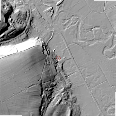 Shaded relief map of the ground around DE451BN, computed from Environment Agency LiDAR. The ground here sits at about 117 m above sea level and falls 55 m across the surrounding 800 m. Surface water reaching this point runs off ground lying to the west-south-west, 51.9 m higher.