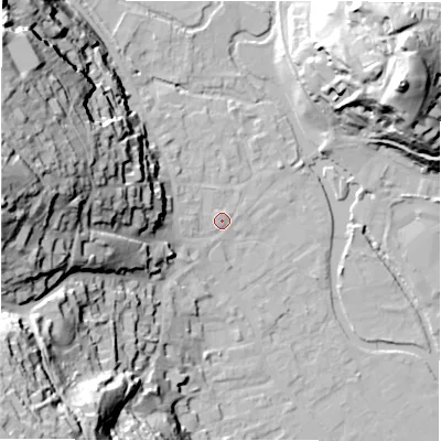 Shaded relief map of the ground around DE451BT, computed from Environment Agency LiDAR. The ground here sits at about 122 m above sea level and falls 58 m across the surrounding 800 m. Surface water reaching this point runs off ground lying to the west, 19.2 m higher.