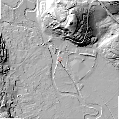 Shaded relief map of the ground around DE451BU, computed from Environment Agency LiDAR. The ground here sits at about 121 m above sea level and falls 57 m across the surrounding 800 m. Surface water reaching this point runs off ground lying to the north-north-east, 40.8 m higher.
