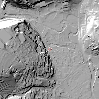 Shaded relief map of the ground around DE451BW, computed from Environment Agency LiDAR. The ground here sits at about 123 m above sea level and falls 65 m across the surrounding 800 m. Surface water reaching this point runs off ground lying to the west, 44.4 m higher.